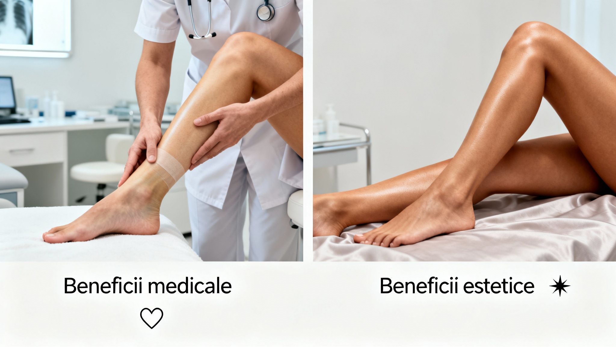 Ghid complet despre drenaj limfatic aparat și presoterapie 2 Două imagini: o bandajare medicală a piciorului și picioare netede, ilustrând beneficii medicale și estetice.