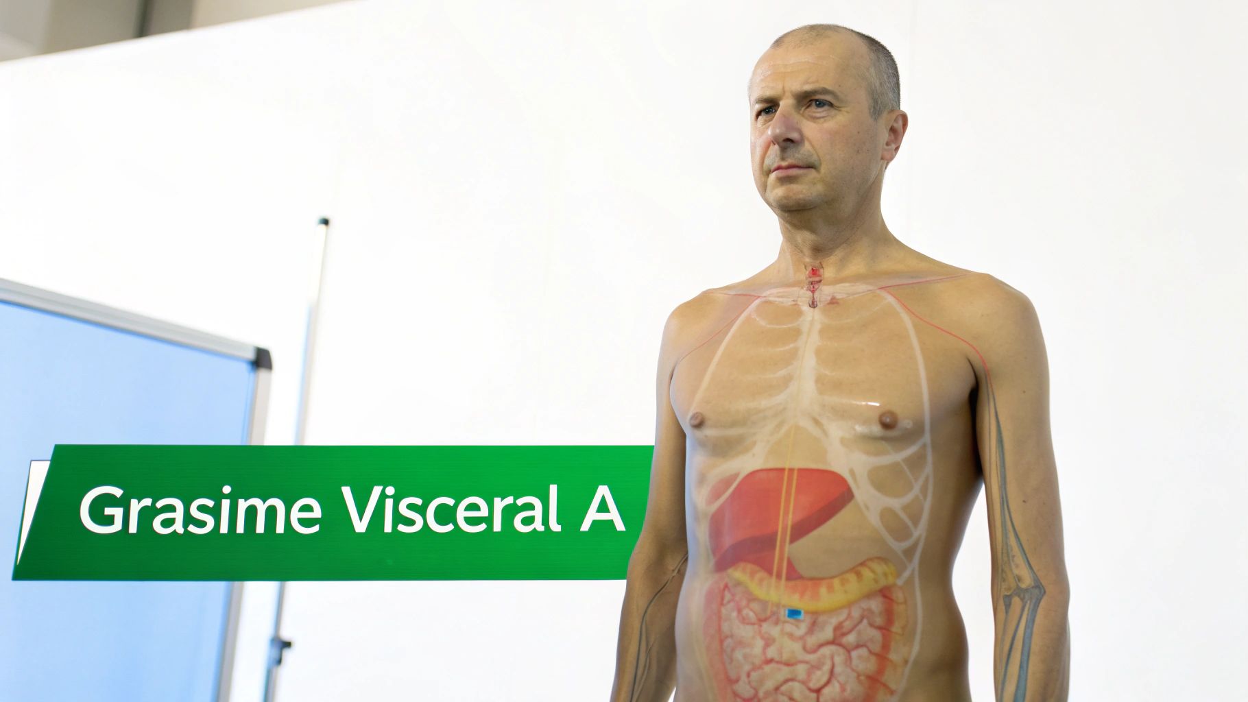 Cum scapi de grasimea de pe burta: ghidul complet 1 Bărbat cu diagramă anatomică transparentă a corpului, arătând organele interne și eticheta 'Grasime Visceral A'.