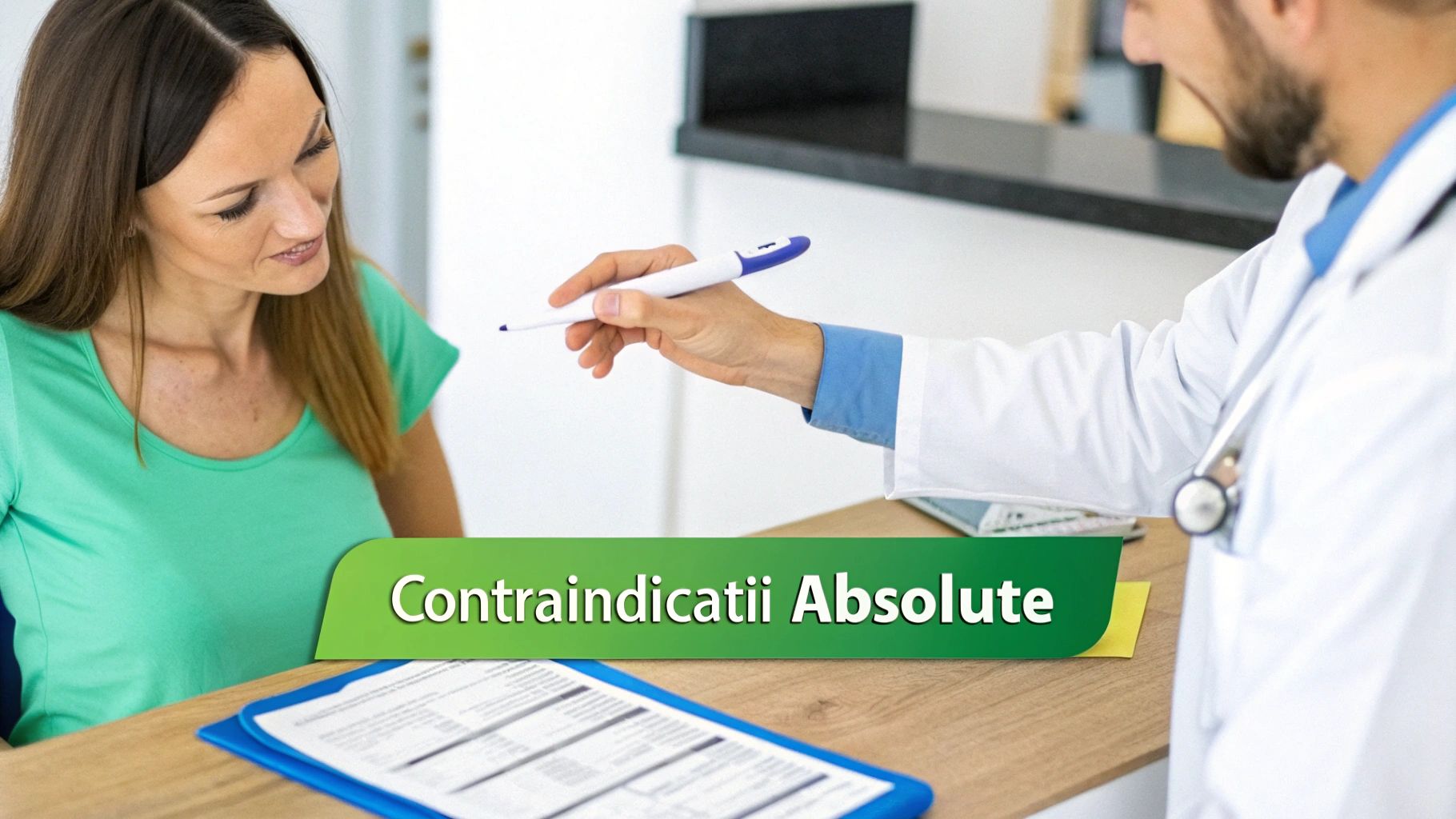 Contraindicatii epilare definitiva: Ce trebuie sa stii inainte de procedura 2 Un medic explică contraindicații absolute unei paciente la birou, arătând un document medical.