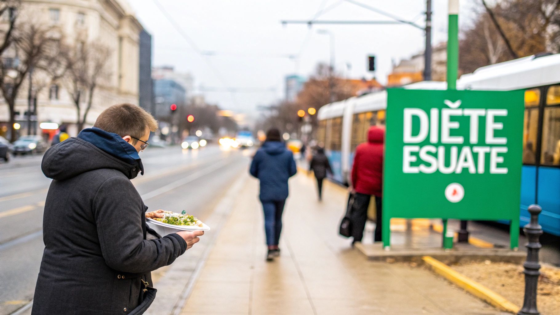 Metoda de slabire: Ce funcționează cu adevărat în București 1 Un bărbat mănâncă dintr-o farfurie pe stradă, lângă un panou verde cu textul „DIETE ESUATE” și un tramvai.