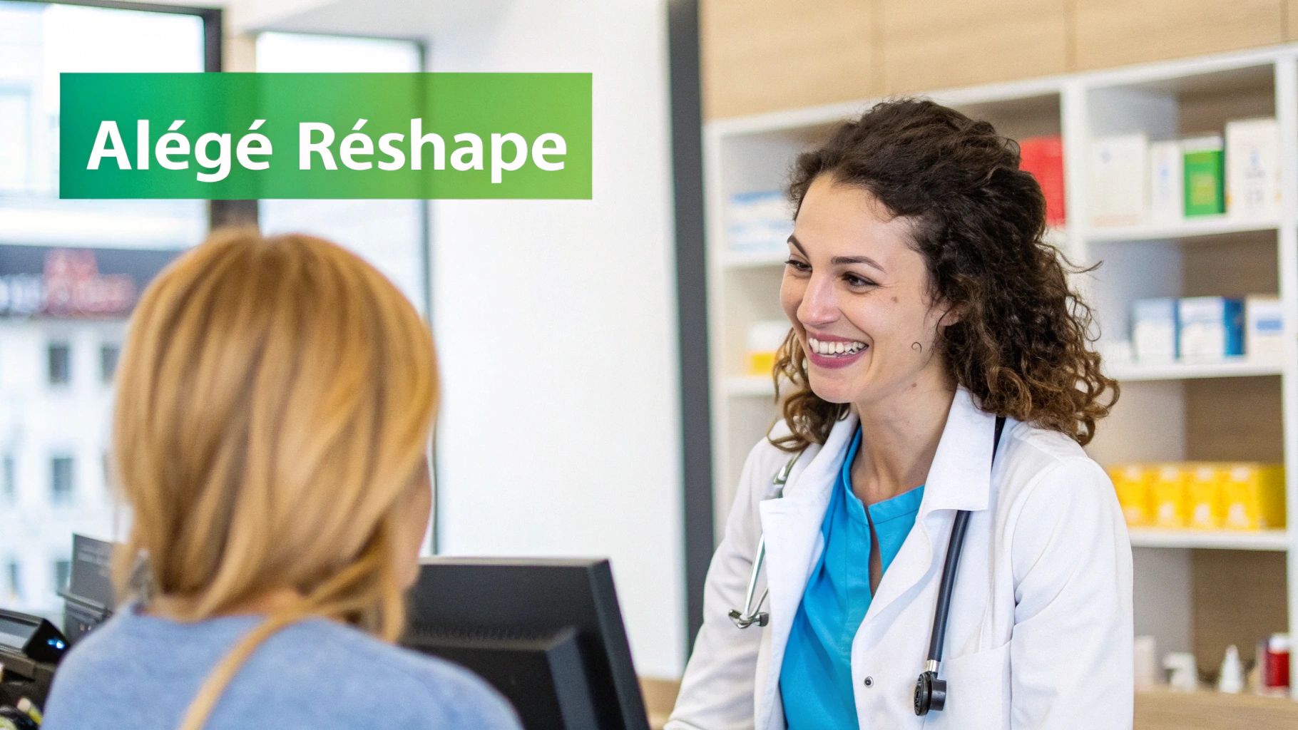 Ghid complet pentru tratament facial curatare în București 3 O farmacistă zâmbitoare discută cu o clientă într-o farmacie modernă, cu rafturi pline de produse.