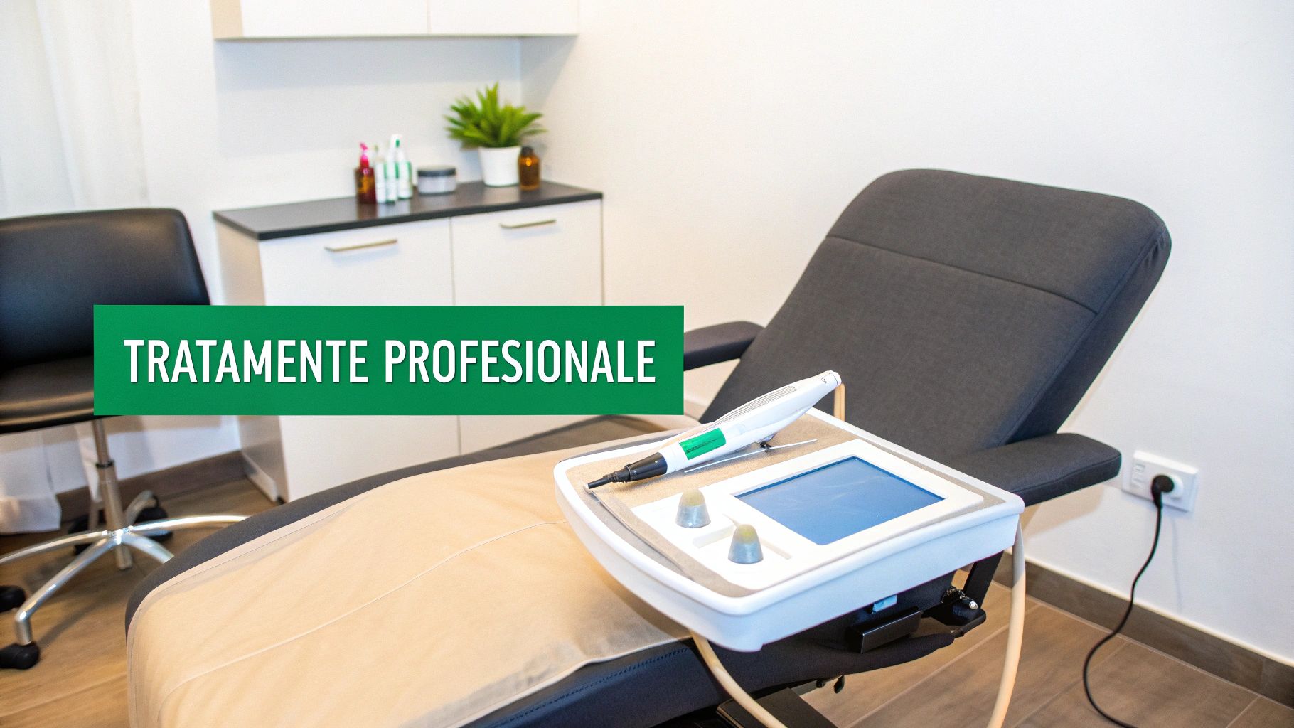 Cosuri pe fata: Ghid complet pentru un ten curat, cosuri pe fata 2 O cameră de tratament profesională cu un scaun medical confortabil, un dispozitiv modern și produse cosmetice pe un dulap.