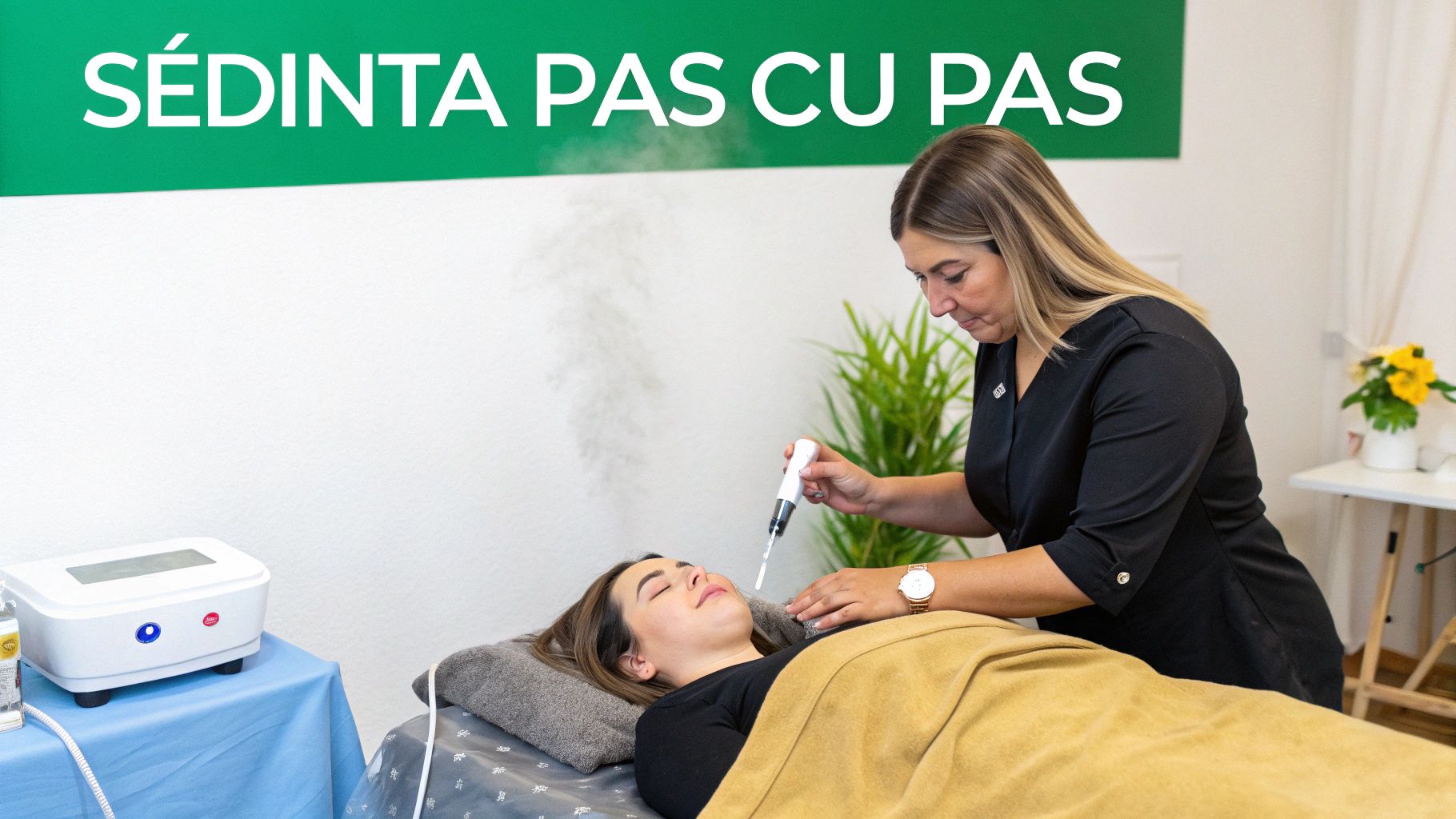 Tratament facial curatare: Ghidul esențial pentru un ten strălucitor 2 Femeie primește un tratament facial de curățare profundă, cu aburi, într-un salon de înfrumusețare.