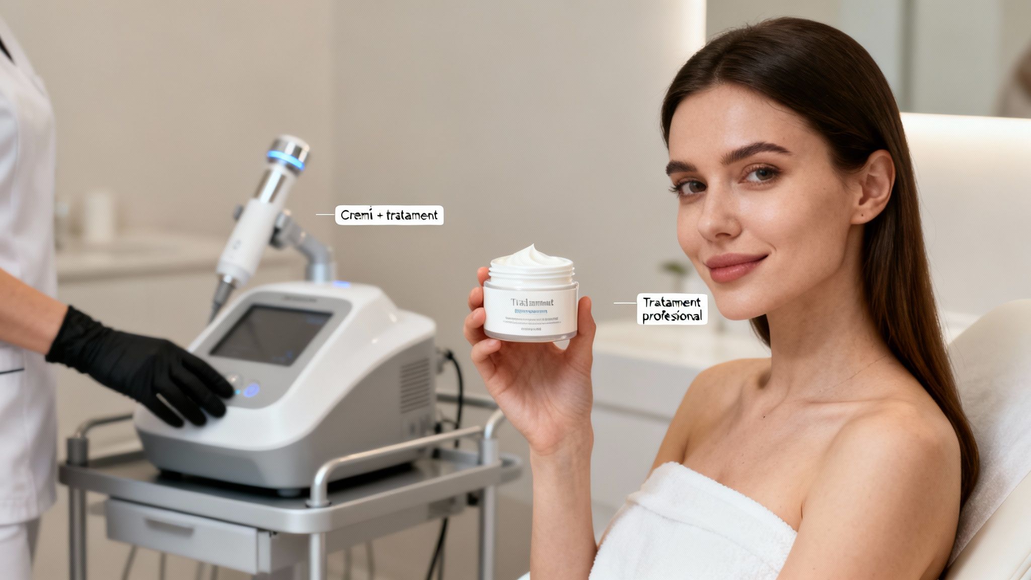 Ghid pentru cea mai buna crema anticelulitica: cum să alegi eficient 4 O femeie zâmbitoare ține o cremă facială, cu un terapeut lângă un aparat de tratament profesional.