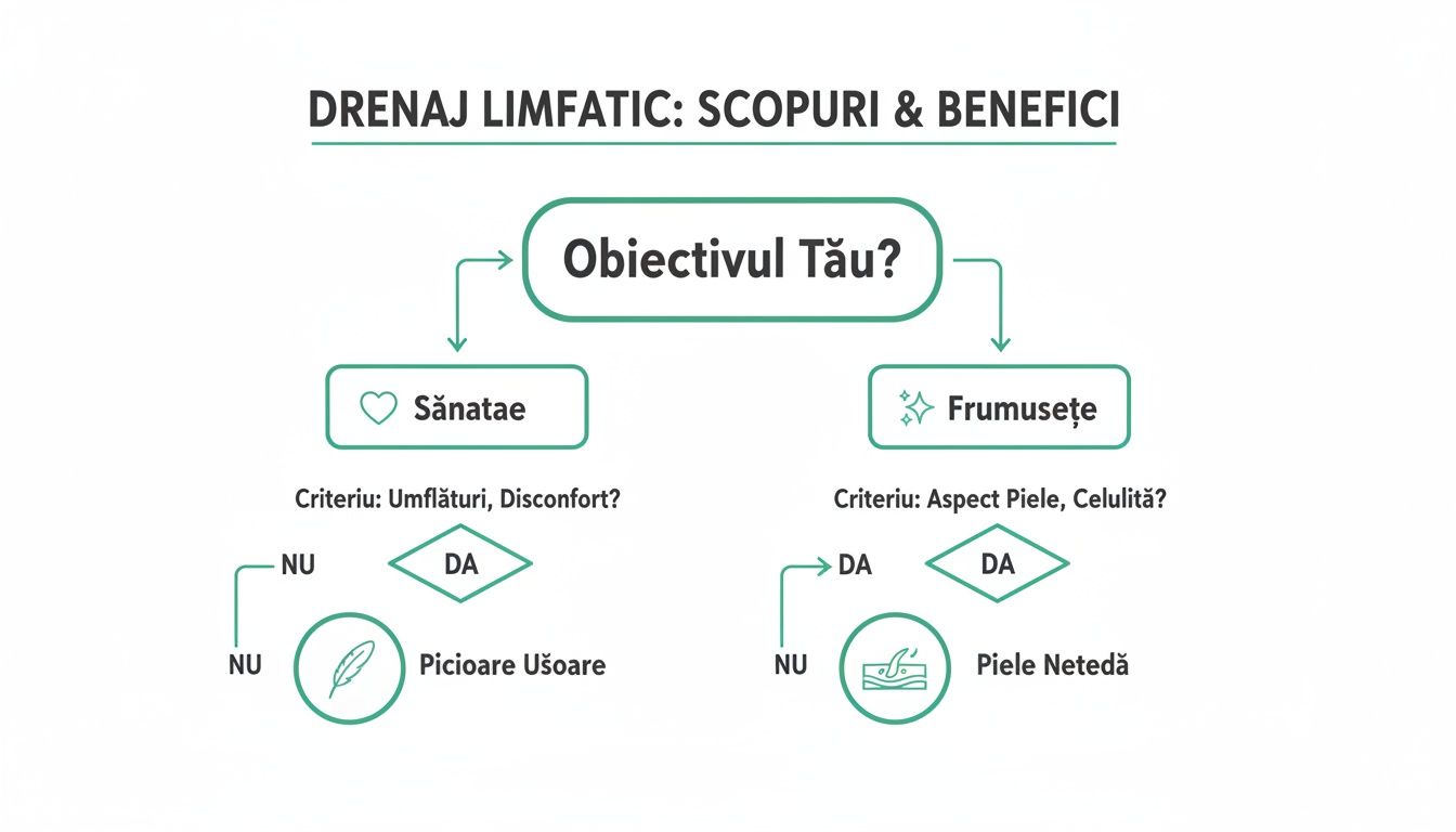 Drenaj limfatic beneficii pentru detoxifiere și remodelare corporală 2 Diagramă flux drenaj limfatic: alege între sănătate (picioare ușoare) și frumusețe (piele netedă) în funcție de simptome.