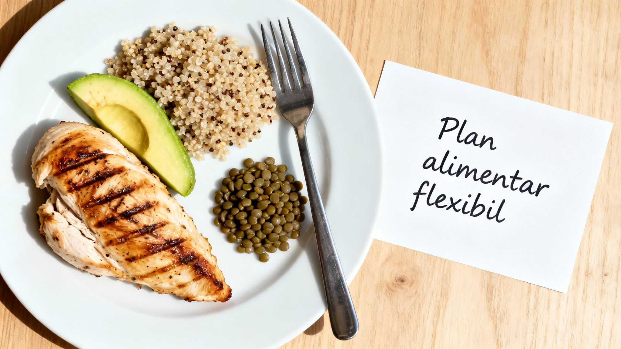 Vreau sa slabesc 10 kg cat mai repede ghidul realist si eficient 2 O farfurie cu pui la grătar, avocado, quinoa, linte și o notă cu 'Plan alimentar flexibil'.