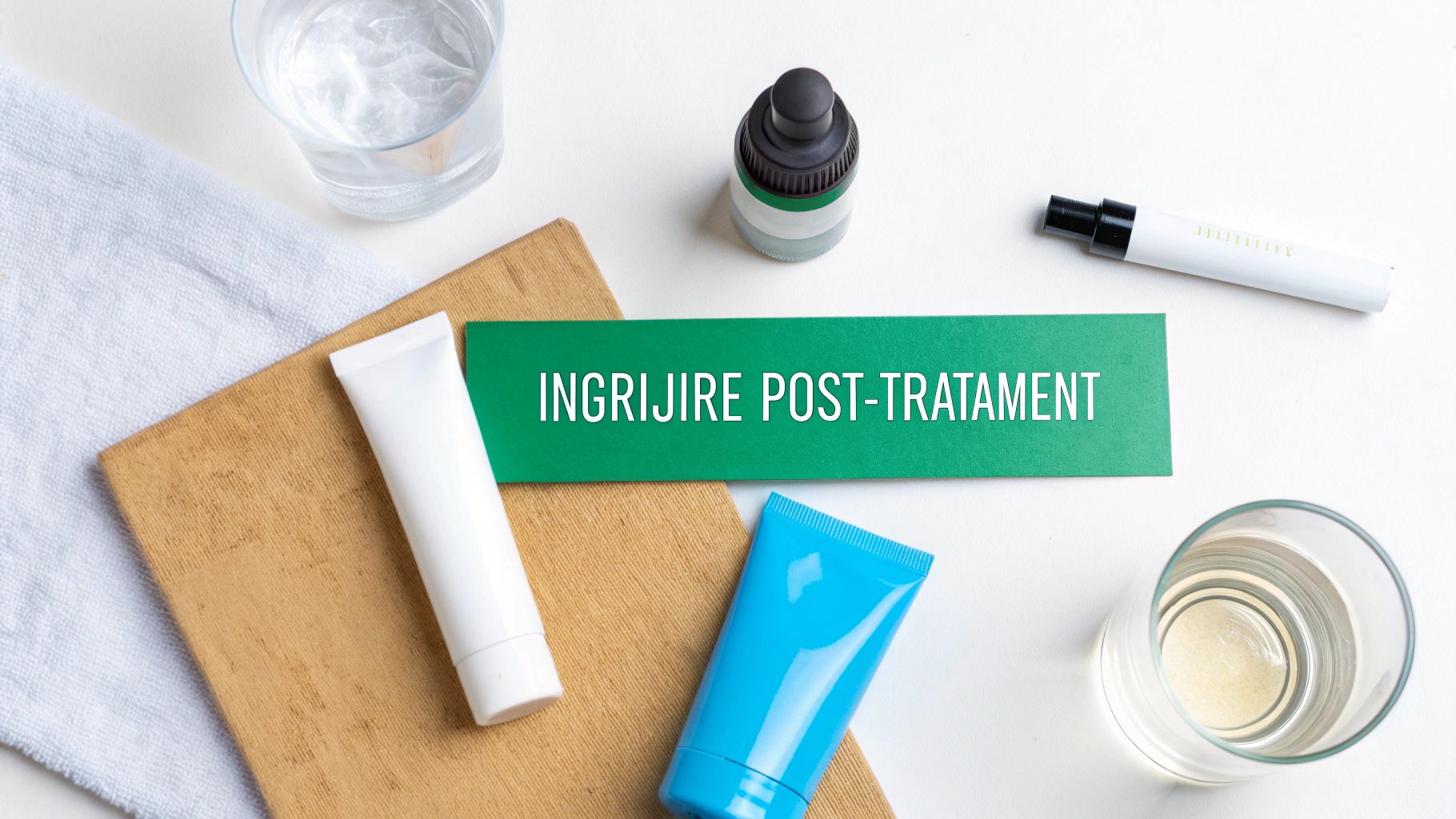 Tratament facial curatare: Ghidul esențial pentru un ten strălucitor 3 Produse de îngrijire a pielii, o sticlă cu picurător și pahare cu apă, pe un fundal alb, cu mesajul 'Îngrijire post-tratament'.