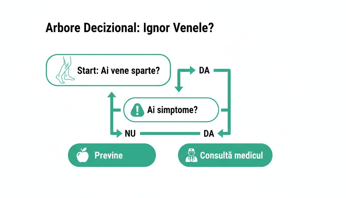 Ghid complet pentru vene sparte pe picioare și cum le tratezi eficient 1 Diagramă decizională despre vene sparte pe picioare, simptome, prevenție și când să consulți medicul.