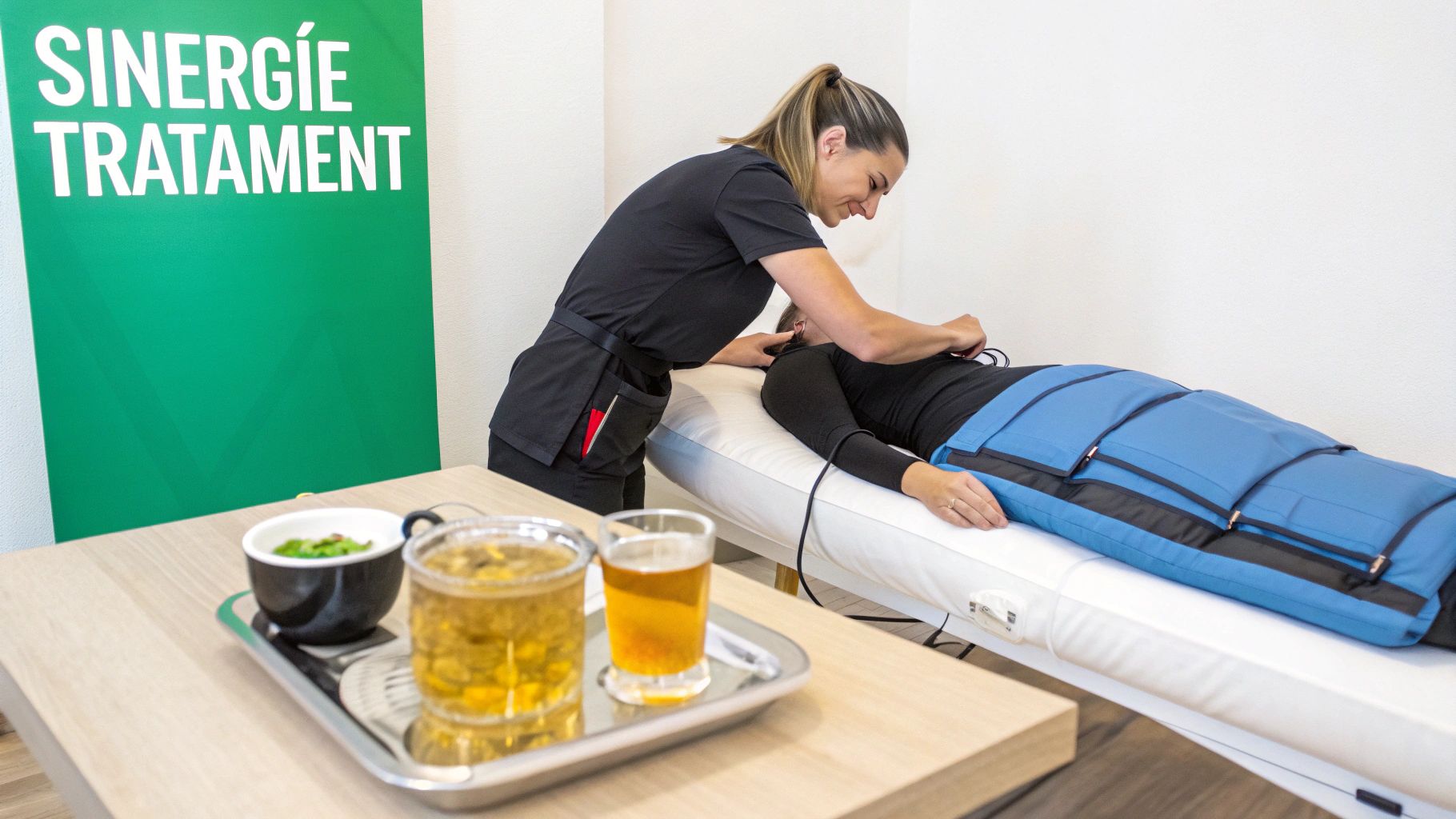 Ceai drenaj limfatic: Ghid complet despre beneficii și ingrediente 3 Femeie primind un tratament de presoterapie, cu terapeutul ajustând echipamentul. Pe masă sunt ceaiuri și o gustare.