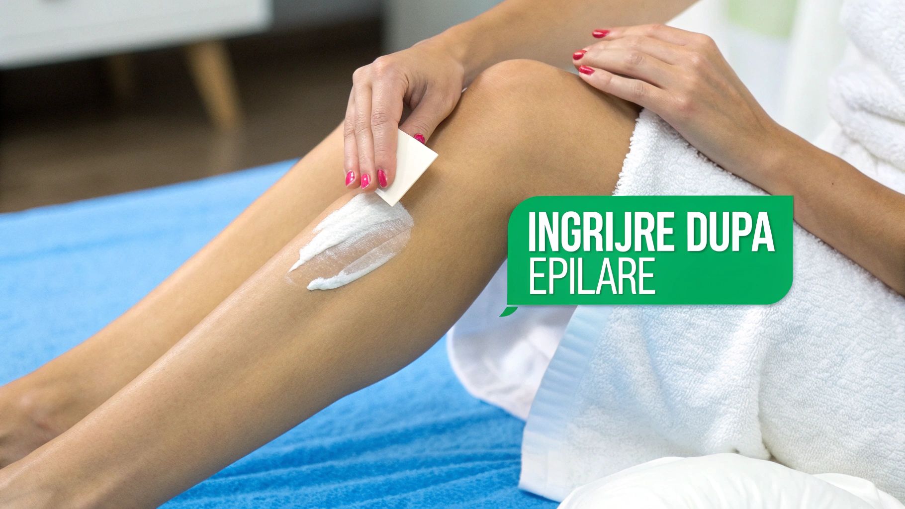 Crema dupa epilare: cum să ai o piele calmă și netedă 1 Femeie aplicând cremă albă pe picior cu un aplicator, după epilare, cu textul „INGRIJIRE DUPA EPILARE”.