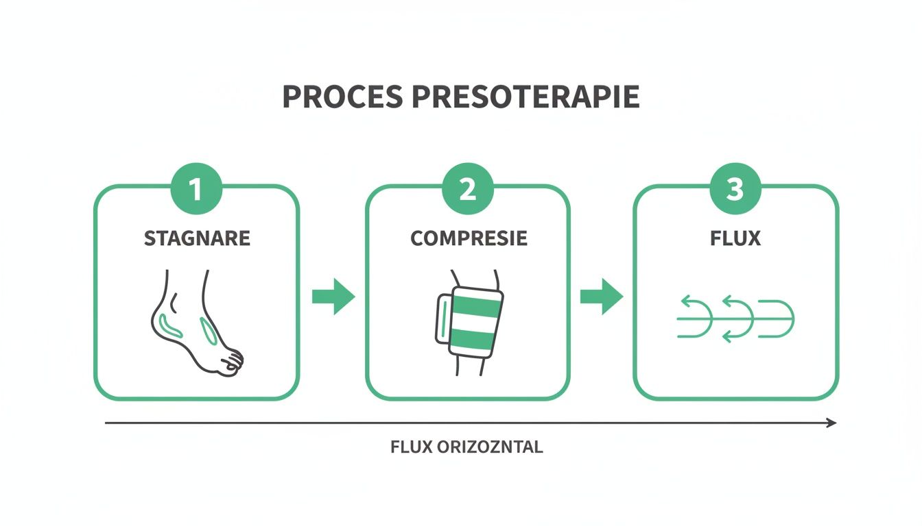Ghid complet despre drenaj limfatic aparat și presoterapie 1 Diagrama procesului de presoterapie, ilustrând etapele de stagnare, compresie și flux limfatic orizontal.