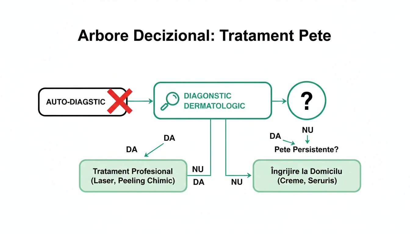 Tratament Pete Pigmentare – tratament pete pigmentare eficient pentru un ten net 2 Diagramă decizională pentru tratamentul petelor, ghidând de la diagnostic dermatologic la soluții profesionale sau acasă.