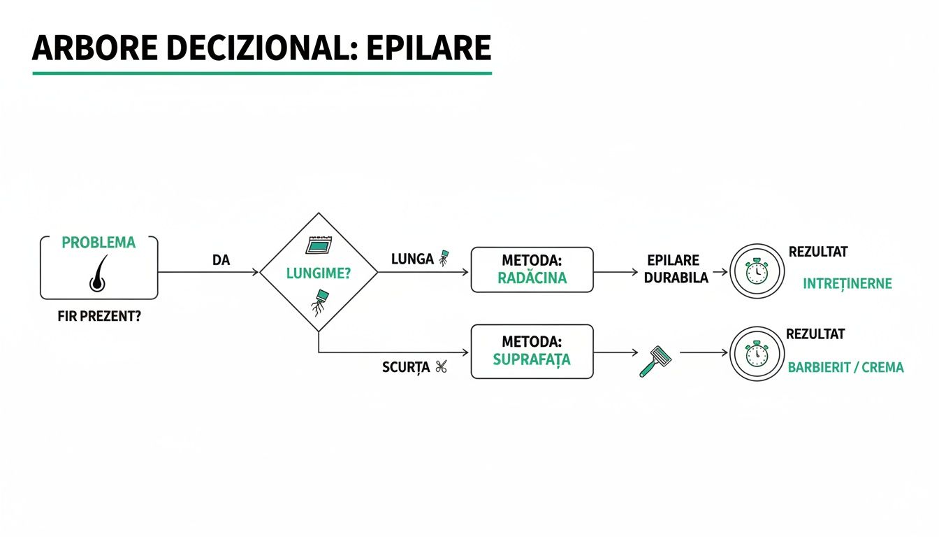 Ghid complet de epilare pentru o piele fină și fără griji 1 Diagramă decizională pentru epilare, ghidând alegerile bazate pe lungimea firului de păr.