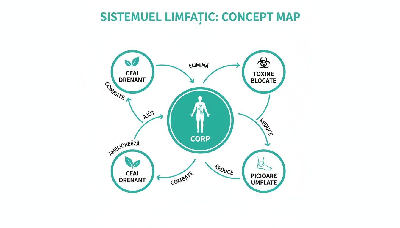 Ceai drenaj limfatic: Ghid complet despre beneficii și ingrediente 1 Diagramă explicând cum ceaiul drenant ajută corpul să elimine toxine și să reducă picioarele umflate, pentru un sistem limfatic sănătos.