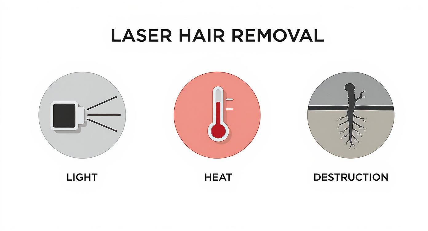 Ghid complet despre aparat laser epilare definitiva pentru o piele netedă 1 Imagine care ilustrează procesul de epilare definitivă cu laser: lumină, căldură și distrugerea foliculului de păr.