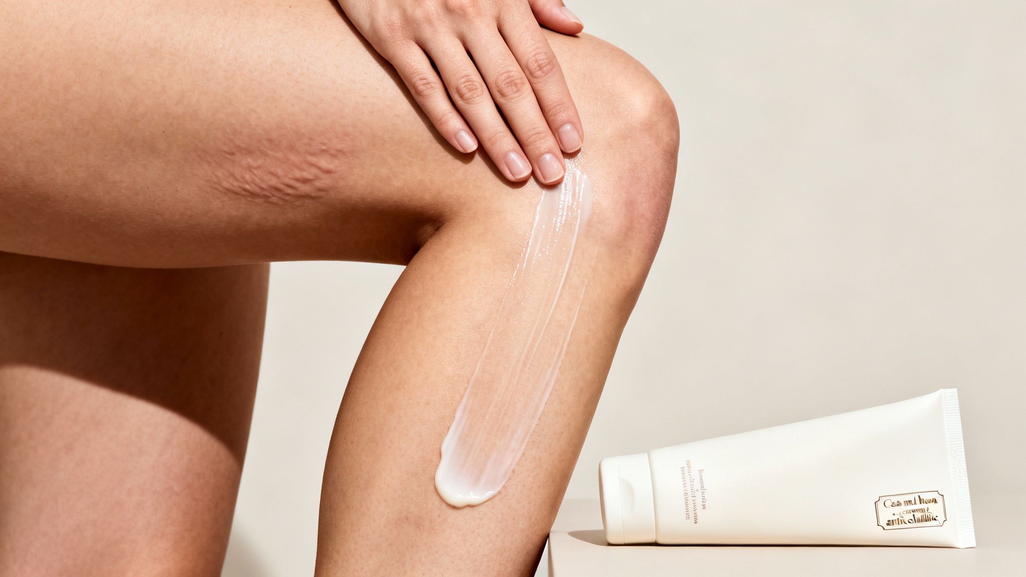 O persoană aplică cremă pe picior, vizibil cu o textură densă și albă, lângă un tub de produs.