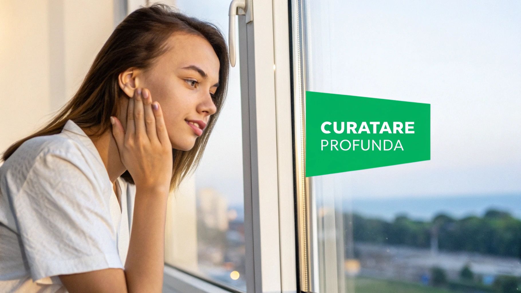 Tânără femeie privește pe fereastra curată, cu un banner verde "CURATARE PROFUNDA", simțind prospețimea.