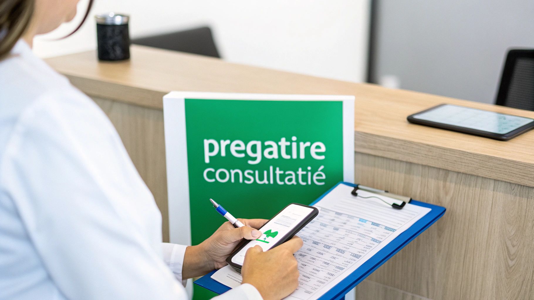 Contraindicatii epilare definitiva: Ghid complet pentru siguranta si rezultate 4 Profesionist medical pregătește o consultație, folosind un telefon mobil și documente pe un clipboard.