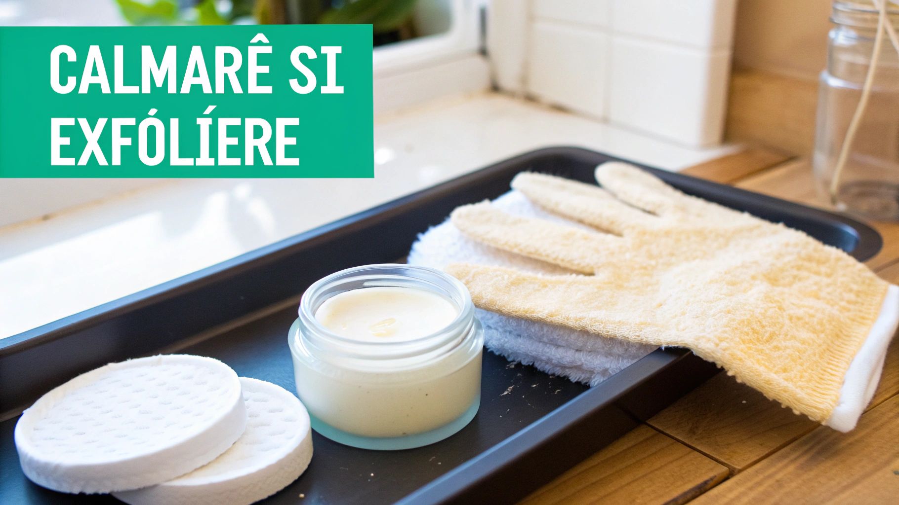 Crema dupa epilare: cum să ai o piele calmă și netedă 3 Tavă cu mănuși exfoliante, cremă într-un borcan și dischete de bumbac, pregătite pentru îngrijirea pielii.