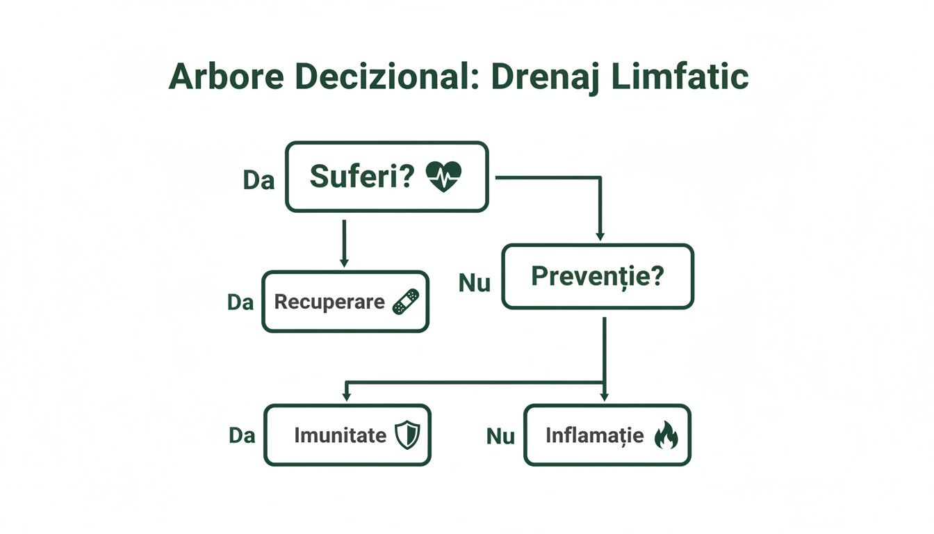 Drenajul limfatic beneficii: rapid și eficient pentru recuperare și sănătate 3 Diagramă arbore decizional despre drenajul limfatic, ilustrând beneficii pentru recuperare, imunitate și inflamație.