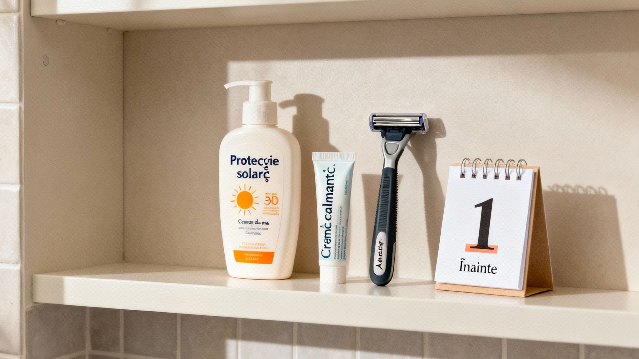 Ghid complet de epilare pentru o piele fină și fără griji 3 O etajeră luminoasă cu loțiune de protecție solară, cremă calmantă, un aparat de ras și un calendar.
