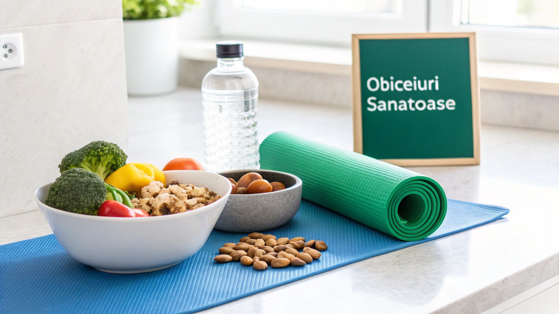Cum scapi de grasimea de pe burta: ghidul complet 2 Imagine cu legume proaspete, nuci, apă și un covoraș de yoga, simbolizând obiceiuri sănătoase.