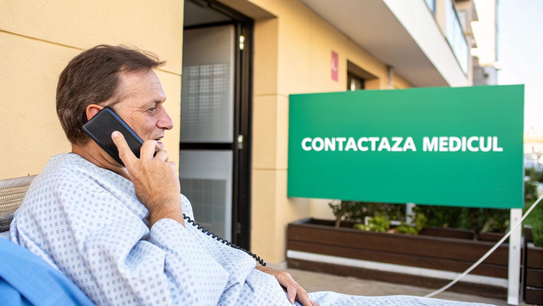 Ce nu e permis dupa injectarea cu botox: ghid rapid pentru rezultate sigure 3 Pacient într-o halat de spital vorbește la telefon, lângă un semn verde care indică „CONTACTAZĂ MEDICUL”.