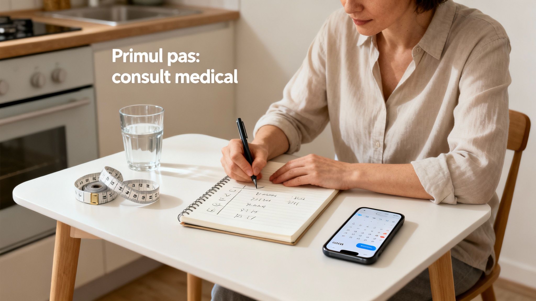 Vreau sa slabesc 10 kg cat mai repede ghidul realist si eficient 1 O femeie scrie într-un caiet, având un pahar cu apă și o ruletă de croitorie pe masă, sugerând planificare medicală.