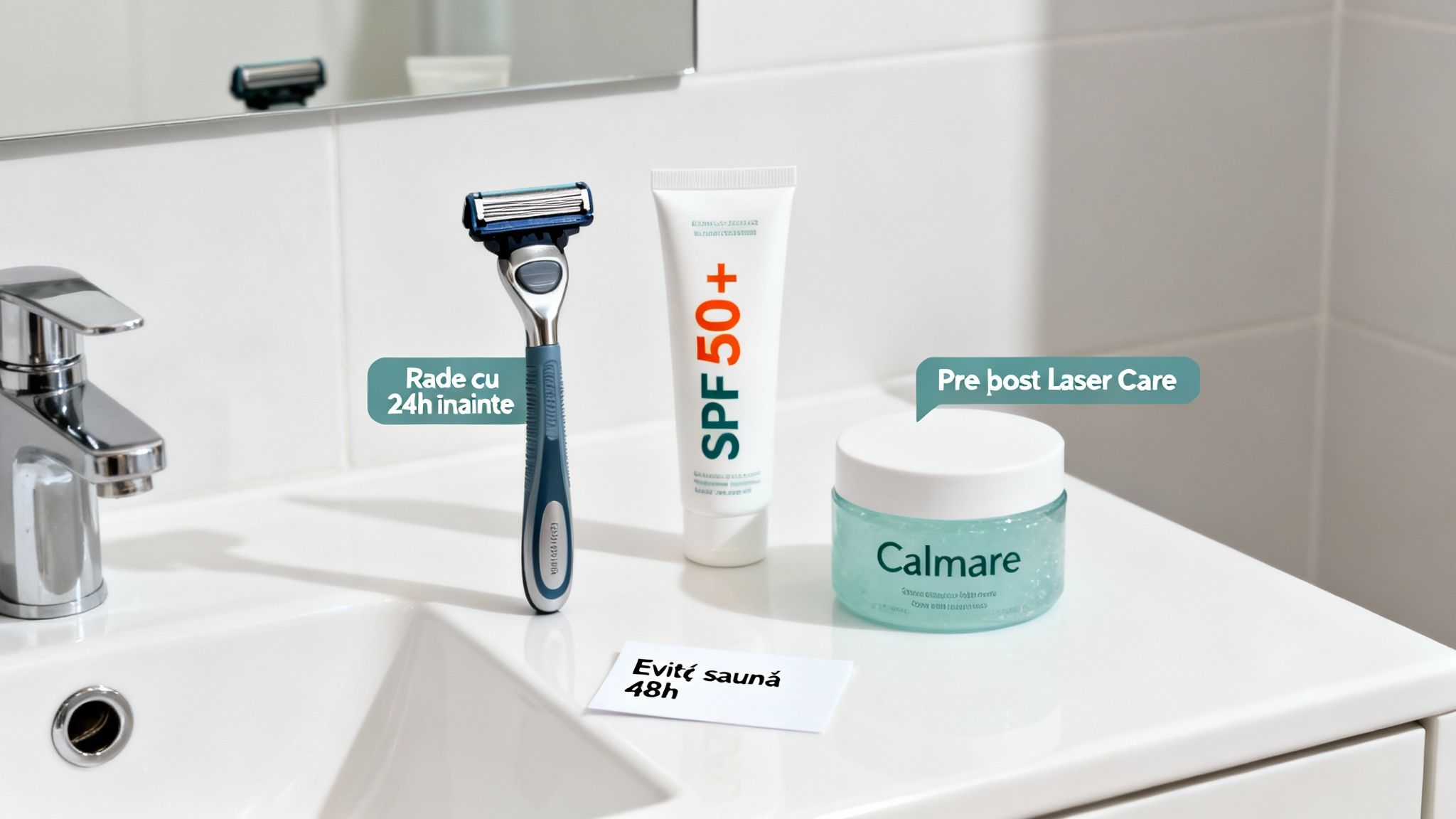Epilare Definitiva PrimeLase 4 Produse de îngrijire și instrucțiuni pentru epilare definitivă, cu aparat de ras, cremă SPF 50+ și cremă calmantă.