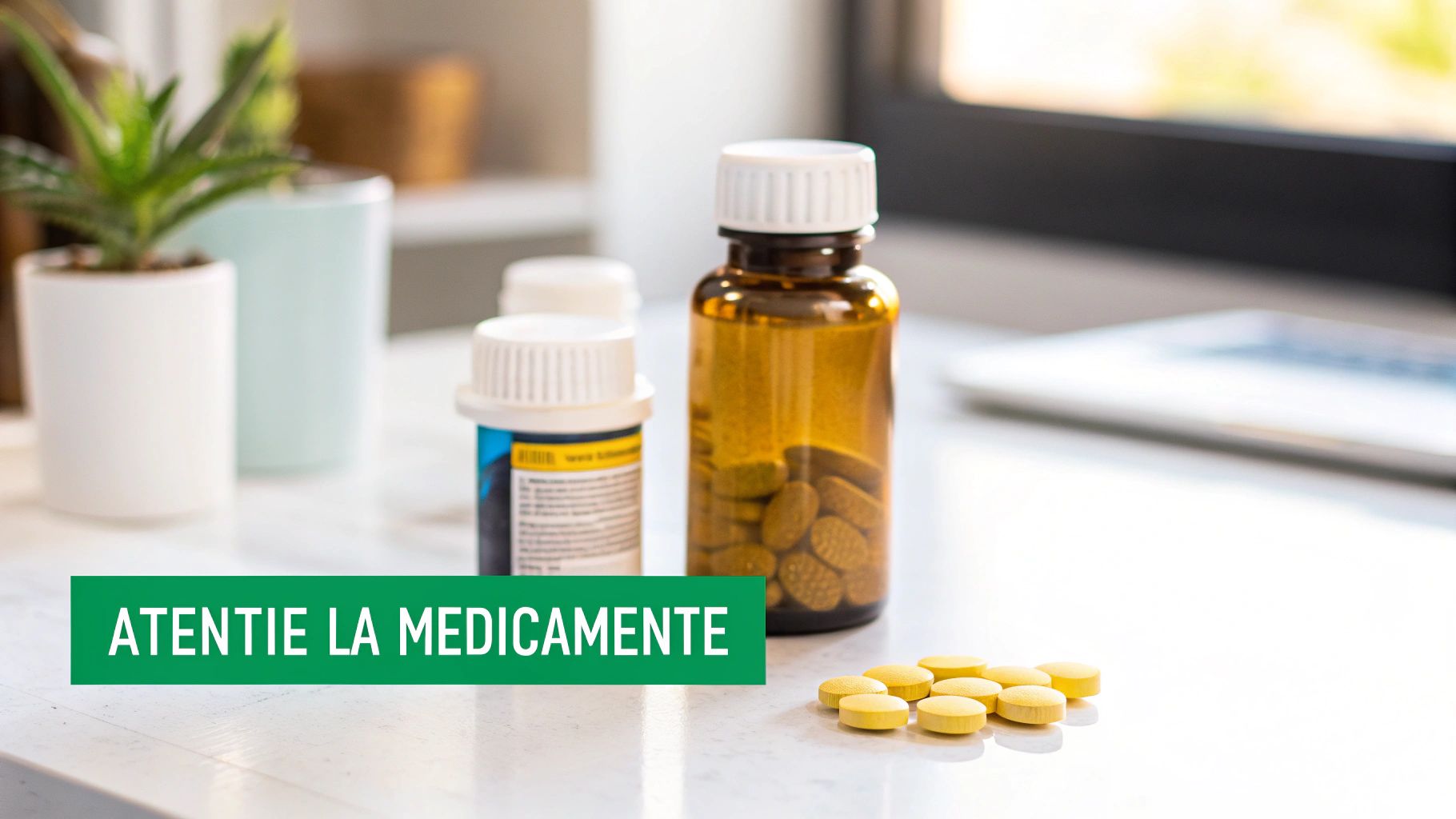Contraindicatii epilare definitiva: Ghid complet pentru siguranta si rezultate 3 Imagine cu sticle de medicamente și pastile galbene pe o masă albă, cu mesajul "ATENȚIE LA MEDICAMENTE".