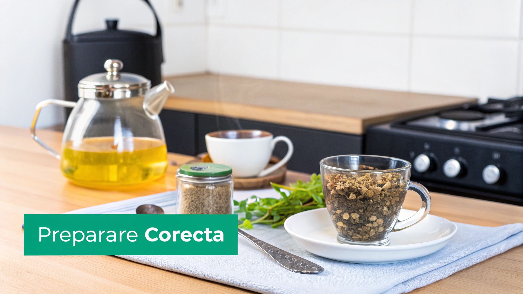 Ceai drenaj limfatic: Ghid complet despre beneficii și ingrediente 2 O masă de bucătărie cu un ceainic, ierburi uscate, o cană cu infuzie și frunze proaspete de mentă, indicând prepararea corectă.