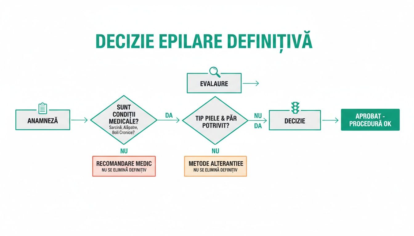 Contraindicatii epilare definitiva: Ghid complet pentru siguranta si rezultate 1 Diagramă decizională pentru epilarea definitivă, incluzând anamneză, condiții medicale, tip piele și păr, evaluare și decizie finală.