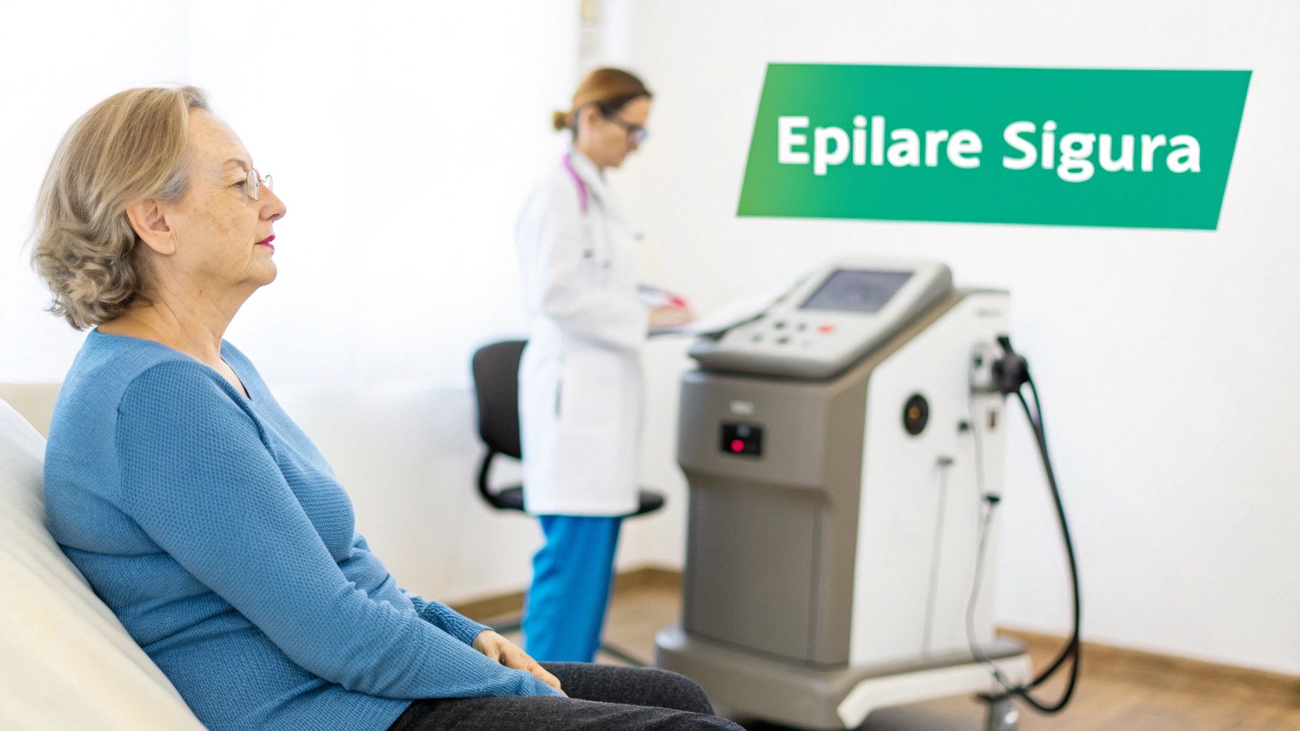 Contraindicatii epilare definitiva: ghidul esențial pentru o procedură sigură 1 Femeie în vârstă pregătită pentru epilare definitivă, cu un medic și echipament laser în fundal. Reclamă „Epilare Sigura”.