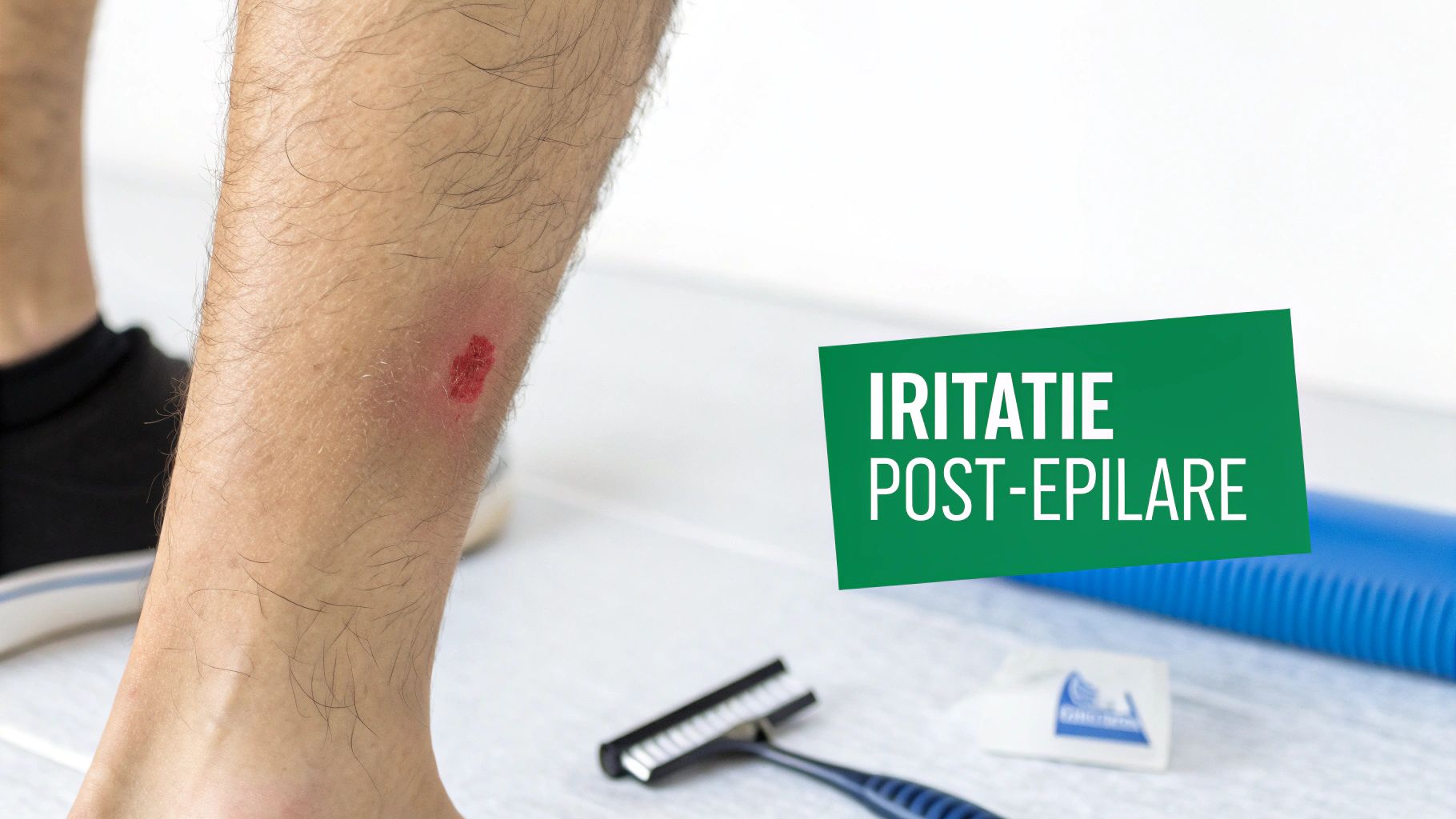 Picior cu iritație cutanată roșie, o lamă de ras și textul "IRITAȚIE POST-EPILARE".