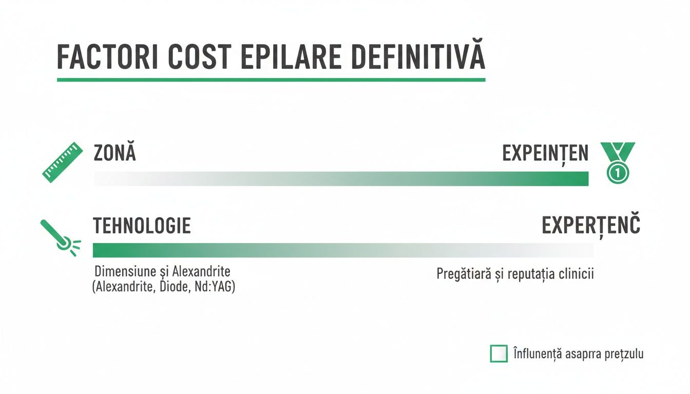 Ghid complet preturi epilare definitiva în București 2 Diagramă ce prezintă factorii de cost pentru epilarea definitivă: zonă, tehnologie, experiență și expertiză clinică.