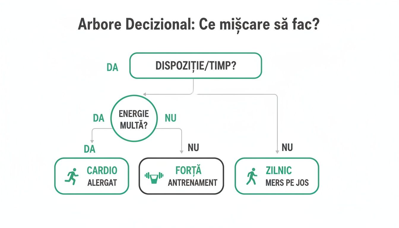 Vreau sa slabesc 10 kg cat mai repede ghidul realist si eficient 3 Diagramă arbore decizional despre alegerea tipului de mișcare fizică zilnică în funcție de dispoziție, timp și energie.