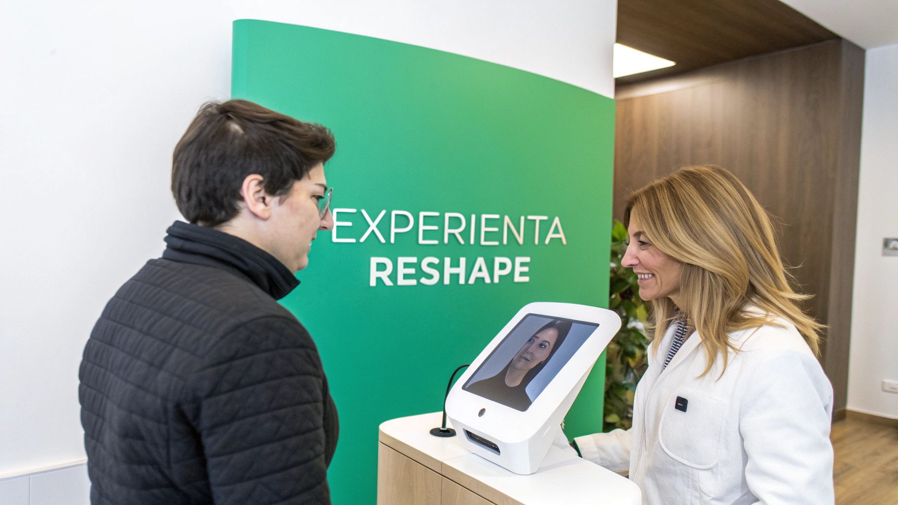 Tratament facial curatare: Ghid complet pentru rezultate profesionale 3 Două femei interacționând cu un dispozitiv de evaluare facială, pe un fundal verde cu textul Experienta Reshape.