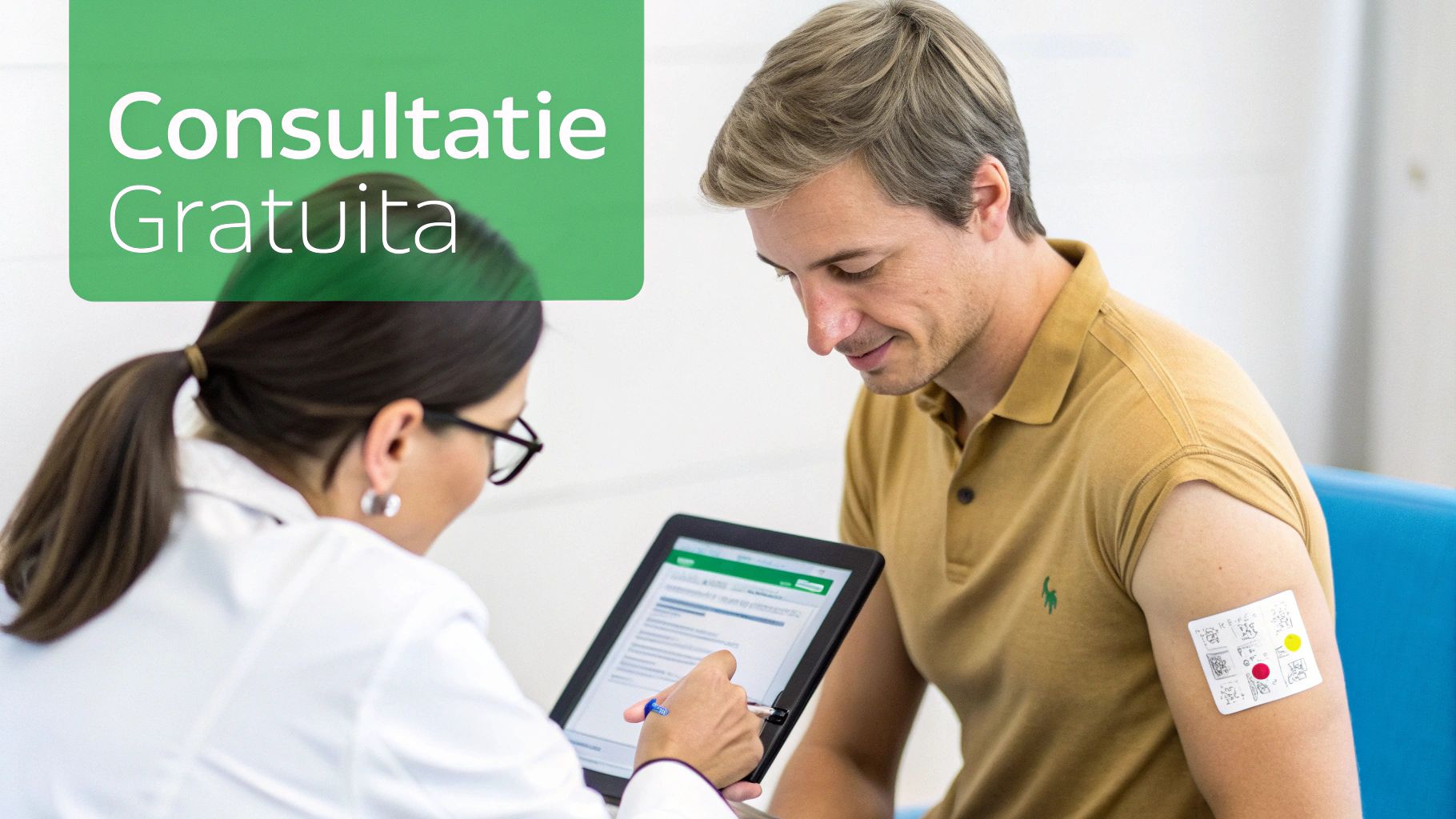 Contraindicatii epilare definitiva: Lista completa si cand nu este recomandata 3 Doctoriță oferă o consultație gratuită unui pacient, examinând informații medicale pe o tabletă.