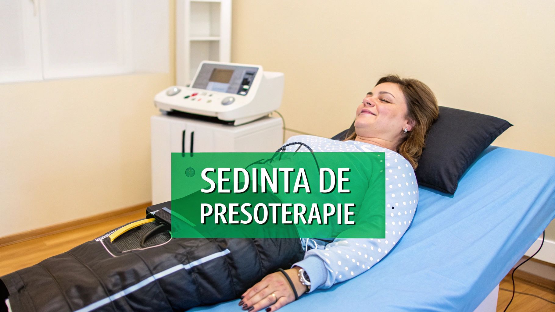 Ghid complet pentru masaj drenaj limfatic picioare 3 O femeie zâmbitoare se relaxează pe un pat, primind o ședință de presoterapie pentru picioare și corp, cu echipament medical vizibil.