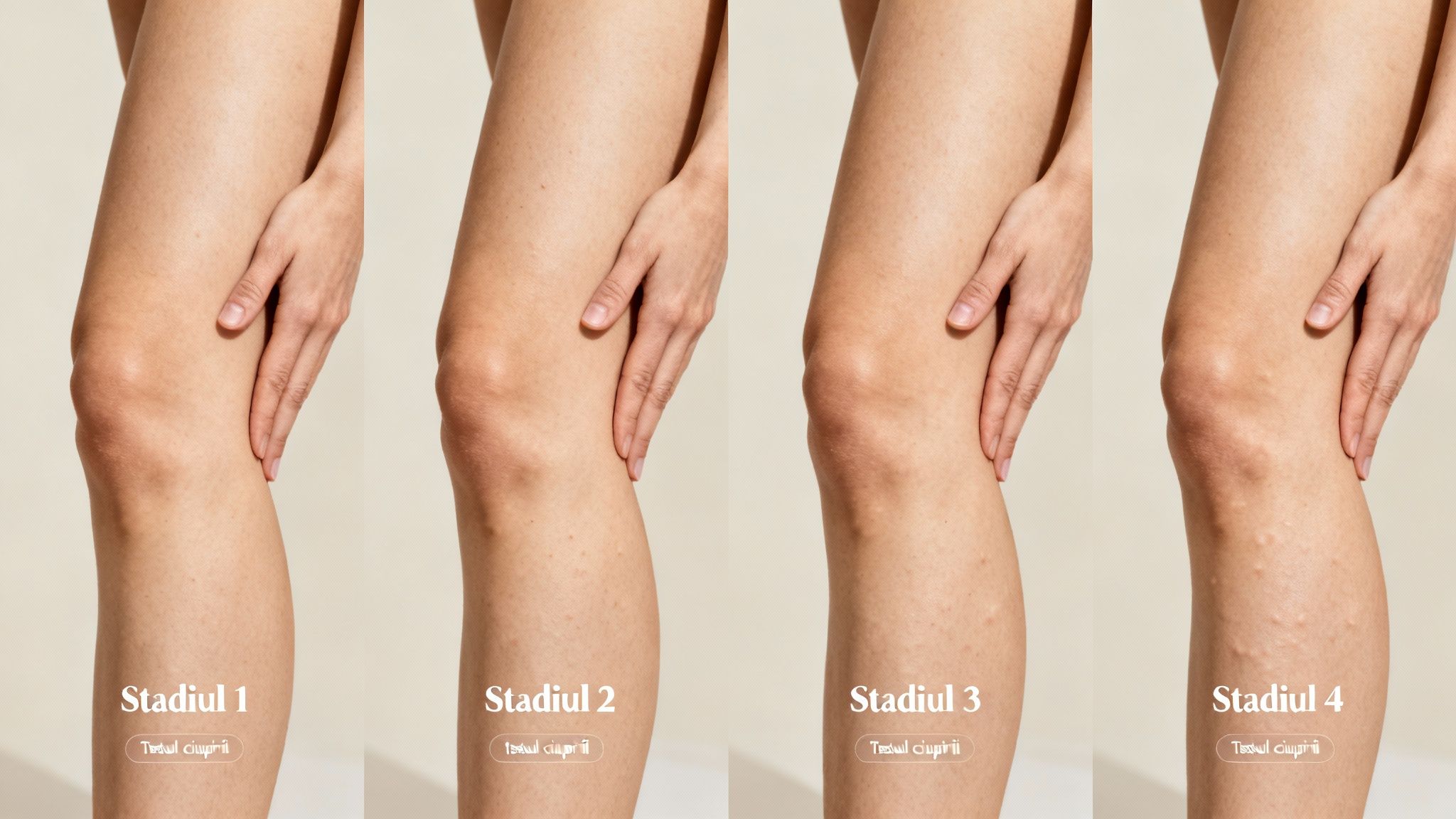 Celulita pe picioare ghid de la cauze la soluții reale 1 Imagine care prezintă cele patru stadii ale celulitei pe picioare, de la ușor la sever.