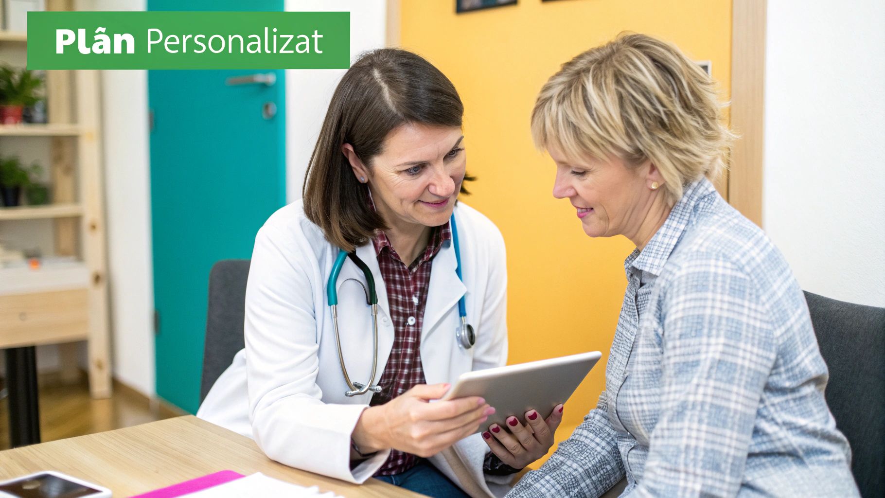 Ghid complet pentru vene sparte pe picioare și cum le tratezi eficient 2 O doctoriță zâmbitoare arată o tabletă unei paciente, discutând un plan medical personalizat.