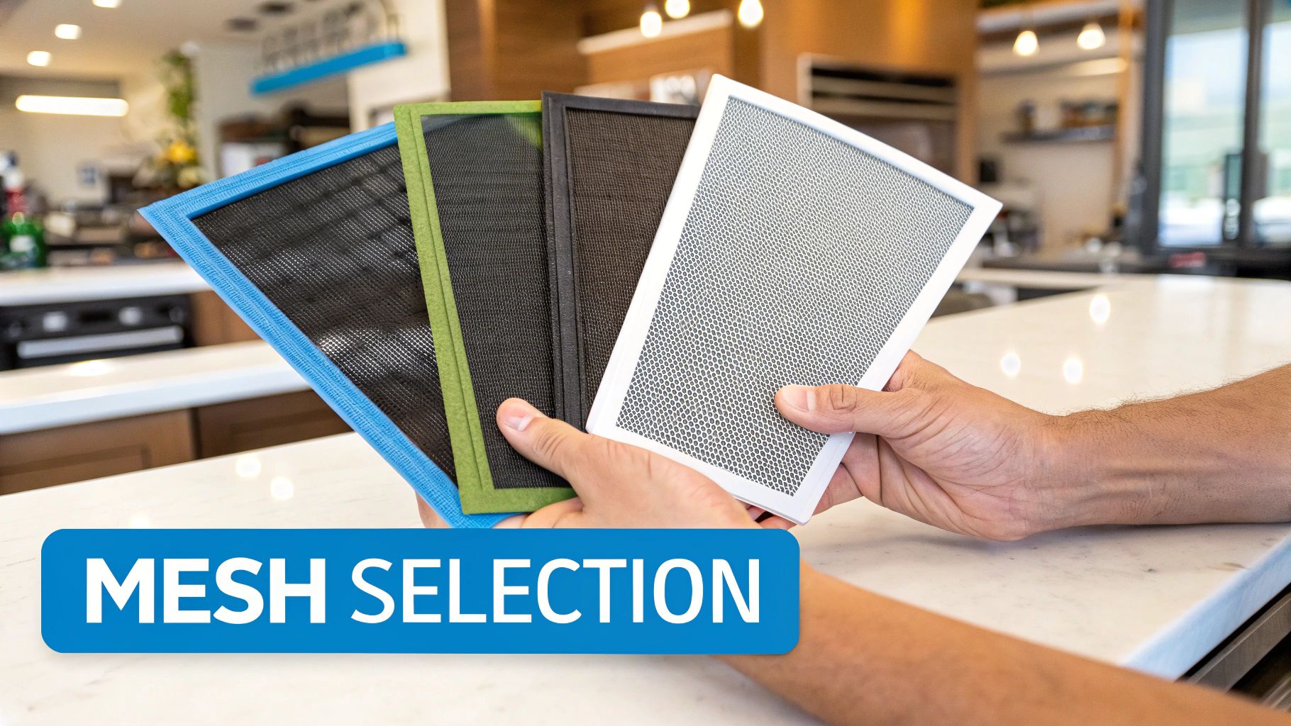 A person holds up four different colored mesh screens in a bright, modern kitchen.