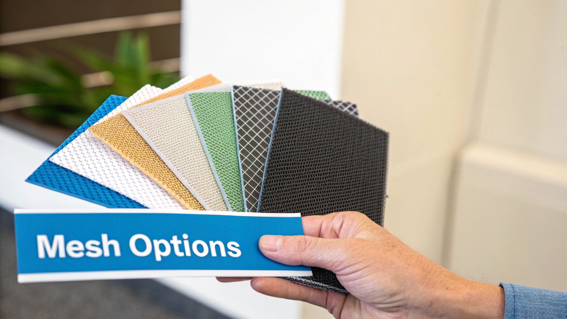 A hand holds multiple colorful mesh fabric samples displaying “Mesh Options” on a blue card.