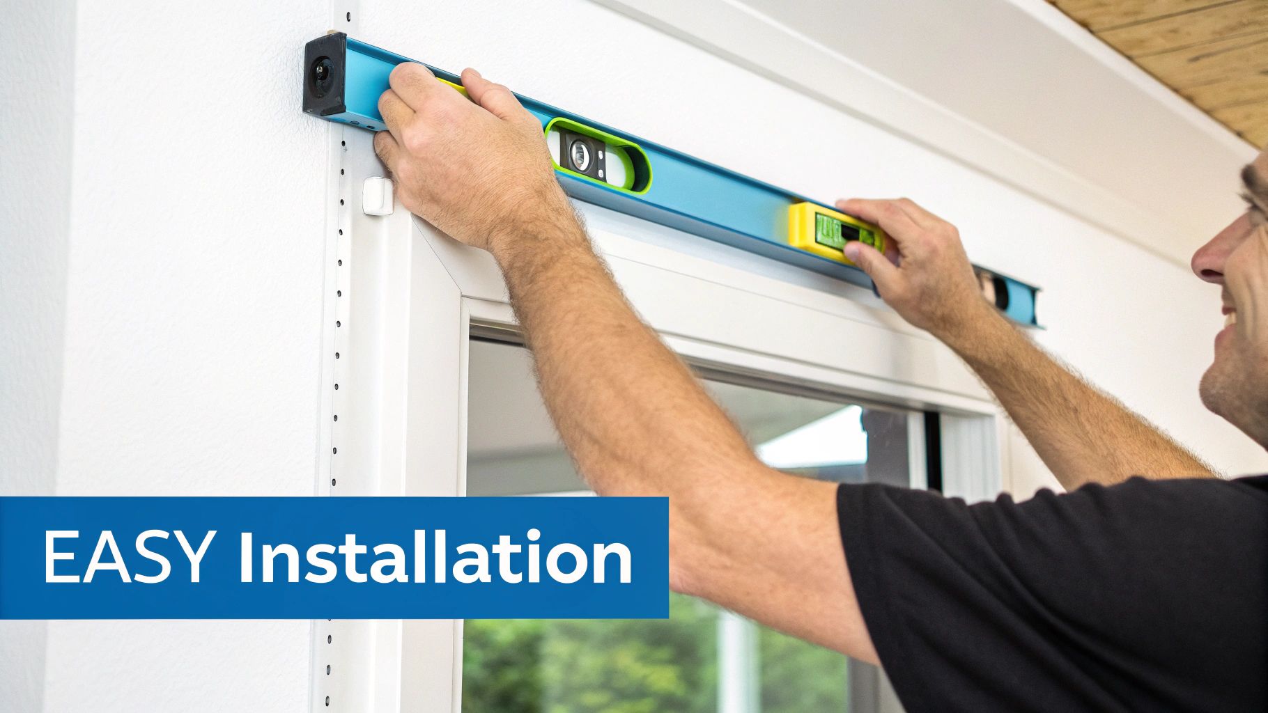 A man carefully uses a blue and green spirit level to install a white track above a window.