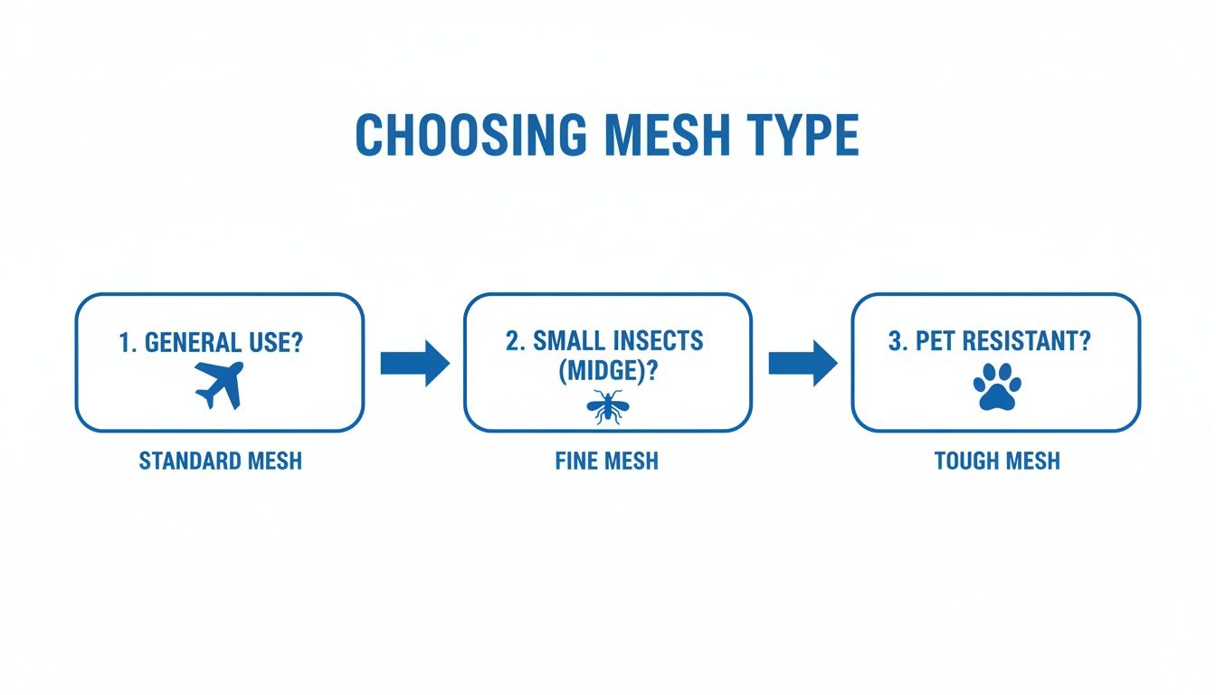 Flowchart illustrating how to choose the correct mesh type for screens based on general use, small insects, or pet resistance.