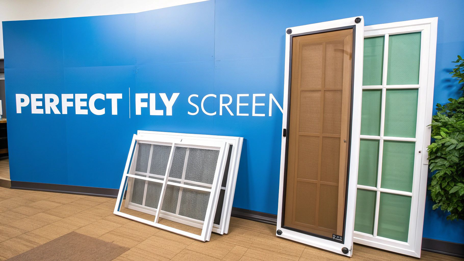 Fly Screens Showroom display featuring various Perfect Fly Screen products, including large doors and window screens.