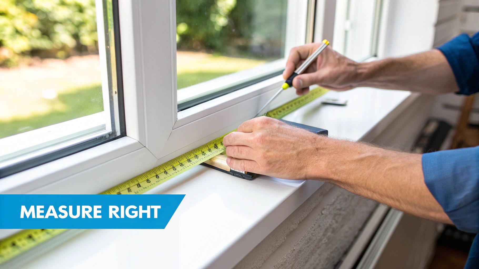 Close-up of hands accurately measuring a white UPVC window frame with a yellow tape measure and pencil.