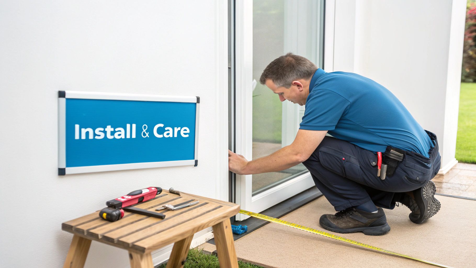 A man in a blue shirt and work pants kneels, installing a commercial door frame, with tools and a 'Install & Care' sign nearby.