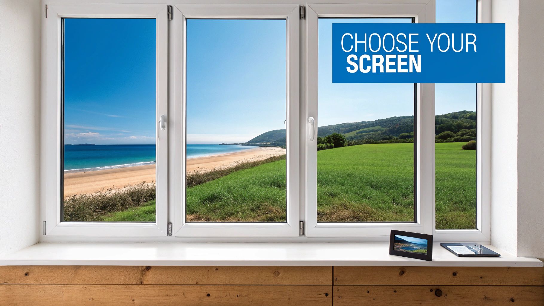 A white-framed window offering a scenic view of a beach and green hills, with 'CHOOSE YOUR SCREEN' banner.