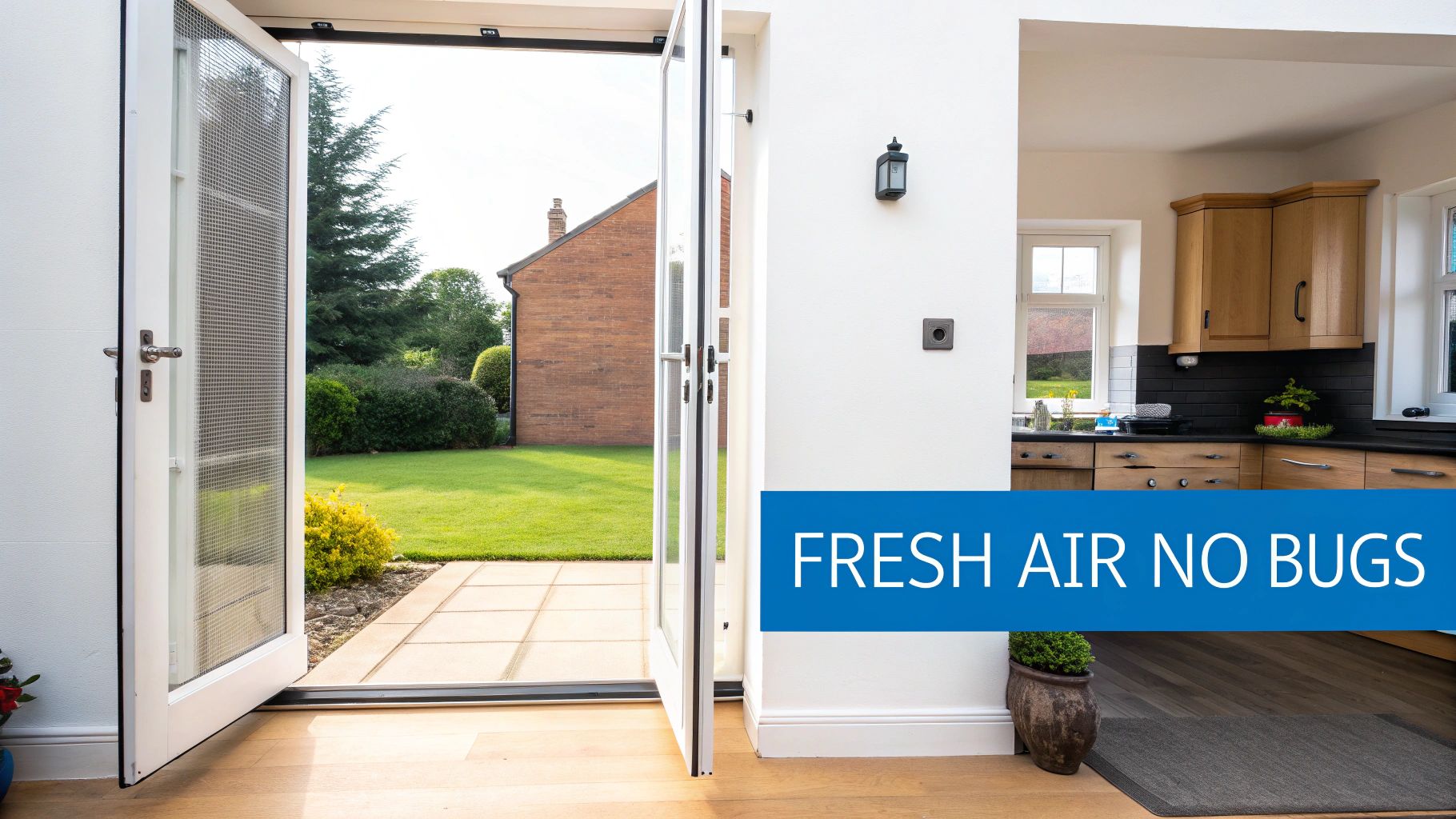 Fly Screens An open double door with fly screens connects a bright kitchen to a sunny garden, allowing fresh air.